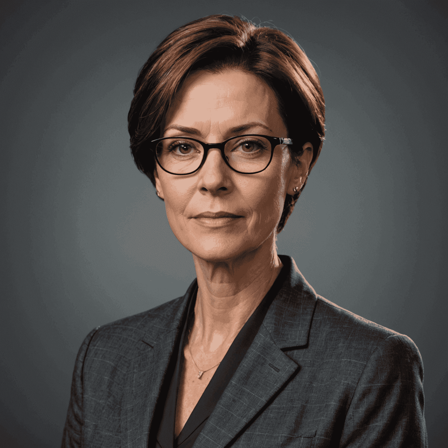 Portrait of Jane Doe, a middle-aged woman with short brown hair and glasses, wearing a professional dark grey suit