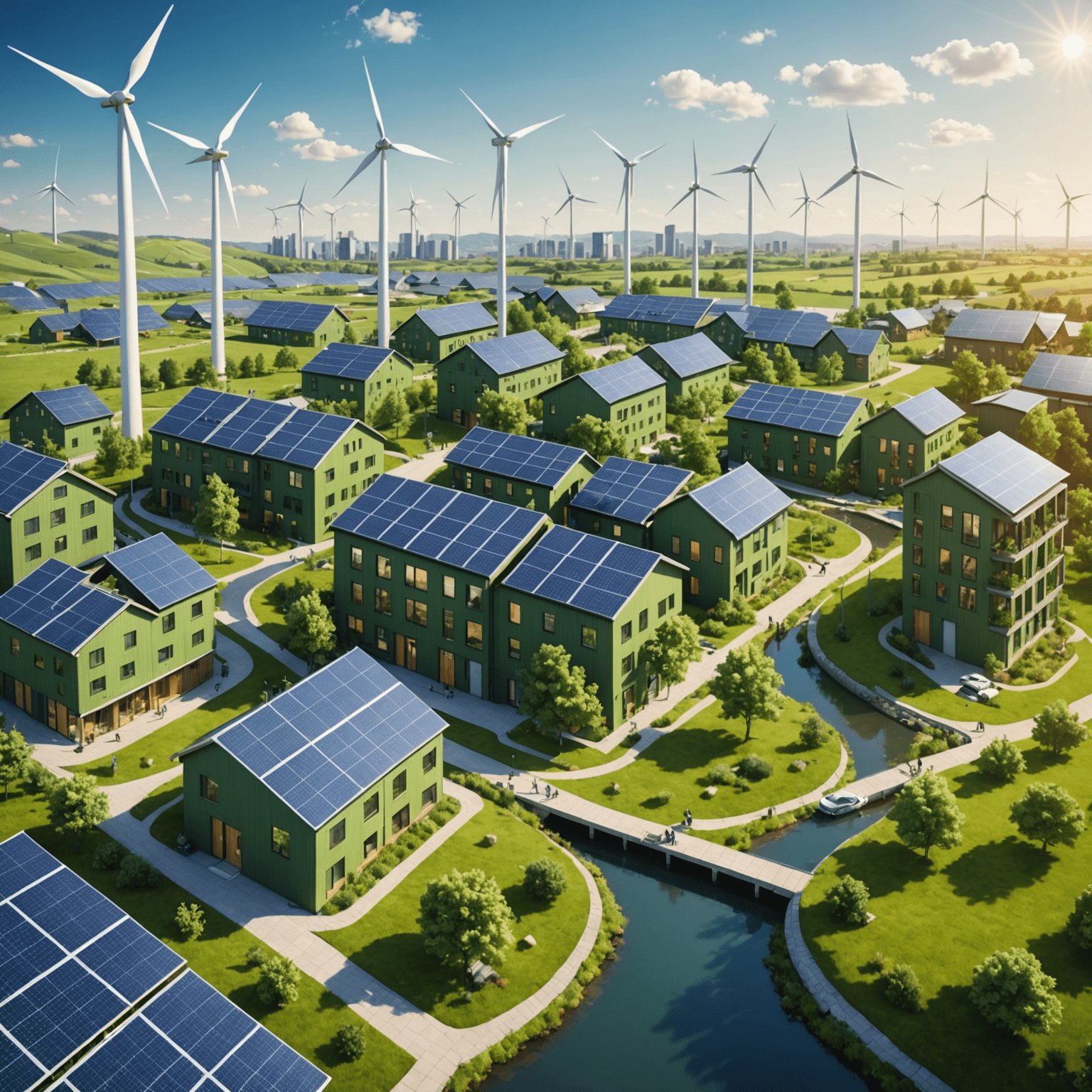 Illustration of green bonds and sustainable infrastructure projects, showing wind turbines, solar panels, and eco-friendly buildings