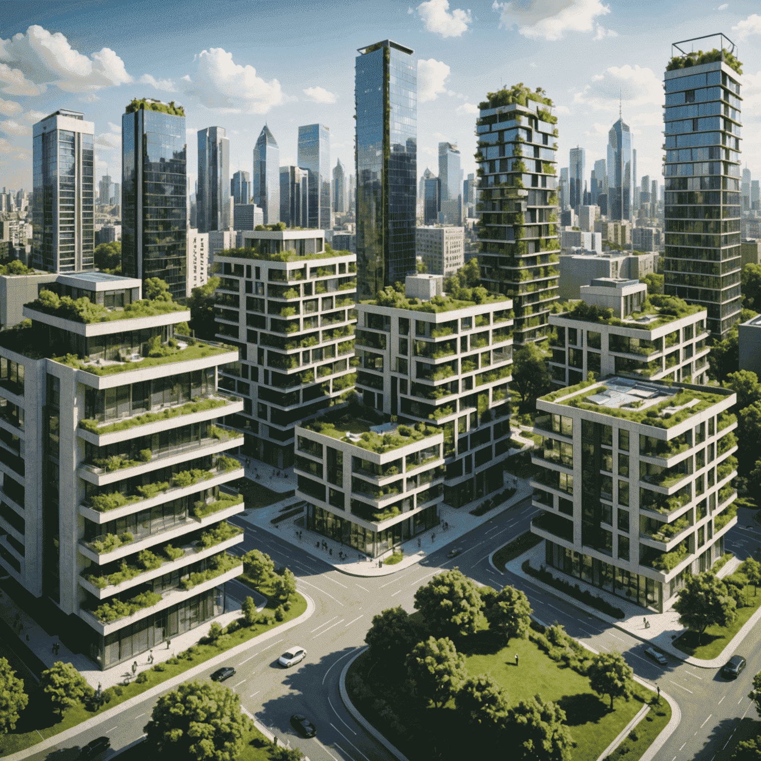 A cityscape with modern, eco-friendly buildings and green spaces, symbolizing sustainable urban development financed by green bonds