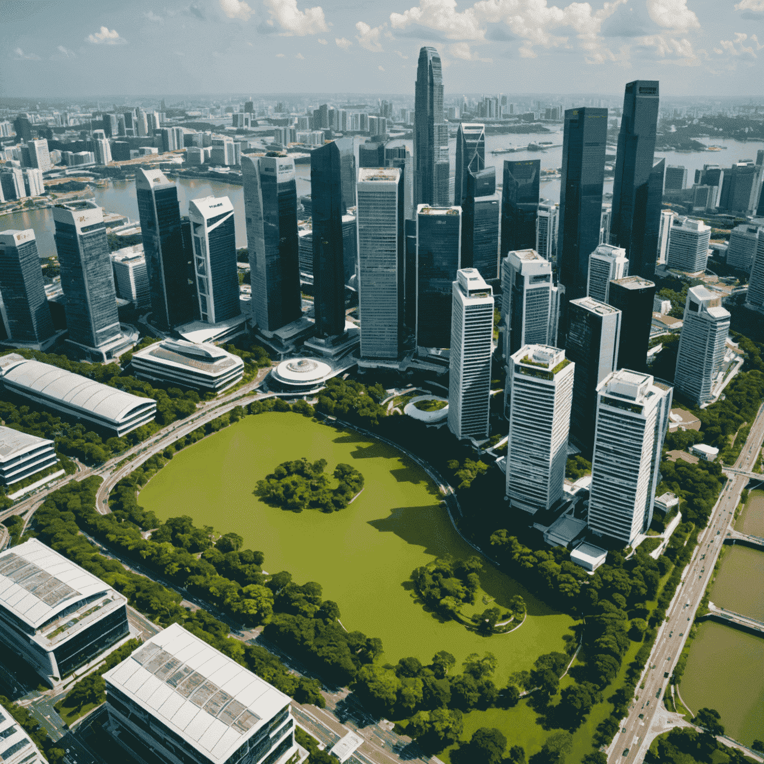 Aerial view of Singapore's skyline showcasing green buildings and urban parks, demonstrating the city-state's commitment to sustainable urban planning