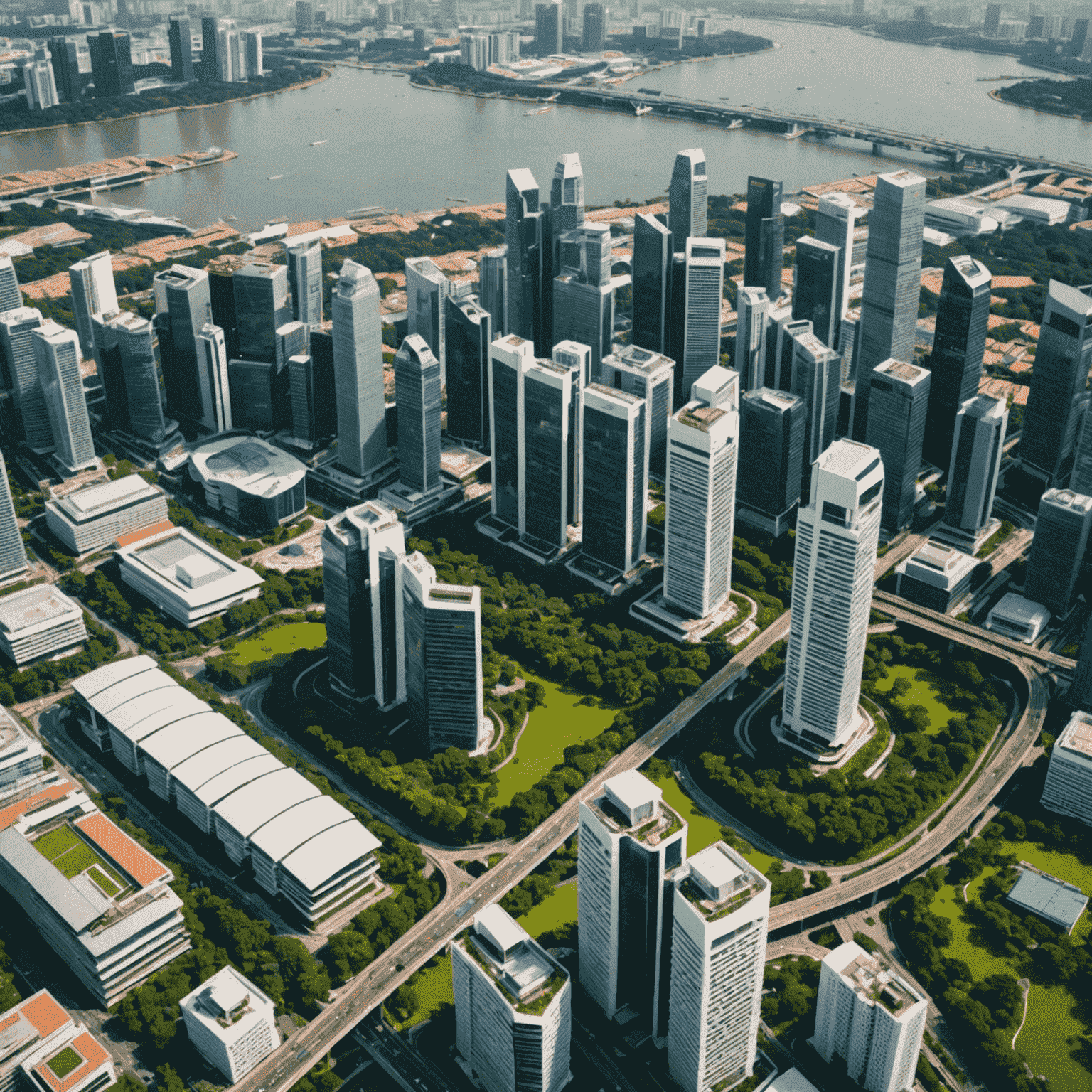 Aerial view of Singapore's skyline showcasing green spaces, efficient public transportation, and sustainable architecture