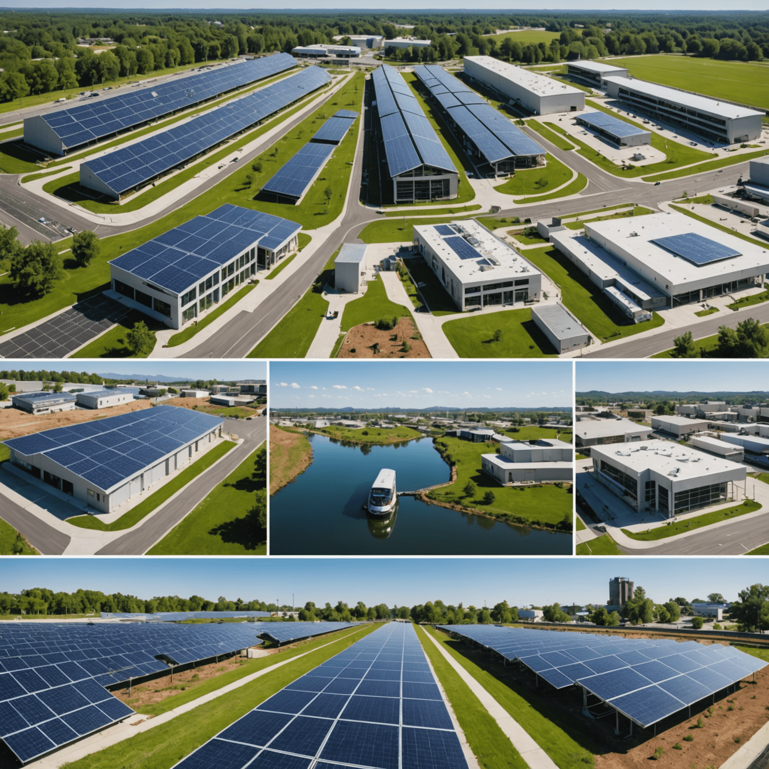 A collage showing various sustainable infrastructure projects: solar panels, electric buses, green buildings, and water treatment facilities