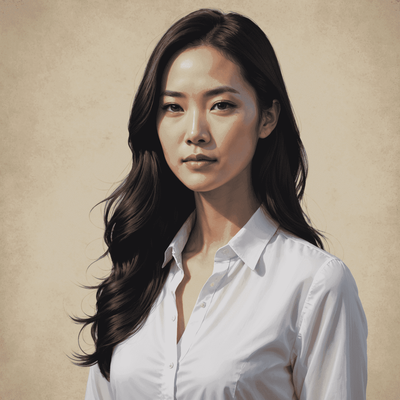 Portrait of Sarah Lee, an Asian woman in her 30s with long black hair, wearing a professional white blouse